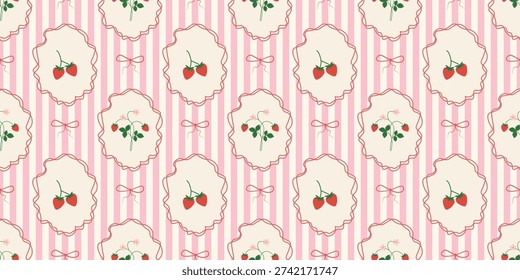 Coquette Strawberry and Bow Seamless Pattern. Cute Ribbon Vintage Girly Aesthetic Background. Perfect for Fabric, Wrapping Paper, Wallpaper, Decor
