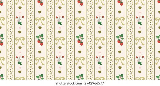 Coquette Strawberry and Bow Seamless Pattern. Cute Ribbon Vintage Girly Aesthetic Background. Perfect for Fabric, Wrapping Paper, Wallpaper, Decor