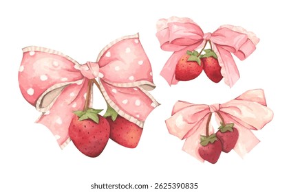 Coquette Strawberry Bow Watercolor in Autumn Garden with Soft Pastel and Feminine Vintage Style