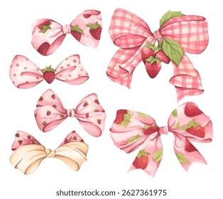 Coquette Strawberry Bow Watercolor in Autumn Garden with Soft Pastel and Feminine Vintage Style
