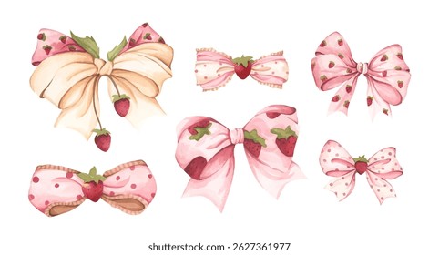 Coquette Strawberry Bow Watercolor in Autumn Garden with Soft Pastel and Feminine Vintage Style