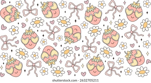 Coquette Strawberry Bows 16oz libbey glass can wrap. Groovy Strawberry cup wrap sublimation design. Coquette Trendy Summer wraping, UV DTF design