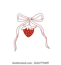 Coquette strawberry with linear bow. Whimsical strawberry with ribbon on white background. Vector illustration for posters, cards, logo, printing on t-shirt etc.