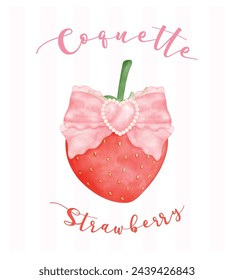 Coquette Strawberry with pink bow, aesthetic watercolor hand drawing