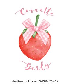 Coquette Strawberry with pink ribbon bow, aesthetic watercolor hand drawing