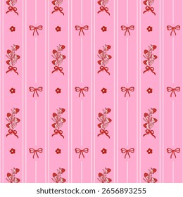 Coquette morango listrado padrão. Elegante vintage padrão listrado vertical com morango, arco e flor. Design para moda, tecido, têxtil, papel de parede, embalagem e envoltório de presente. 