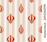 Coquette style Christmas Seamless Pattern with Hanging Retro Christmas Ornaments. Vector illustration