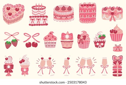 Coquette Stil Desserts und Getränke Illustration Set. Vintage-Kuchen, Cupcakes, Kirschen, Erdbeeren, Makaronen, Milchshake, Eis, Roséweingläser. Handgezeichnete Vektorgrafiken.