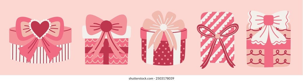 Coquette style gift boxes illustration set. Cute gift boxes with quirky patterns and charming ribbons. Hand drawn vector illustrations.