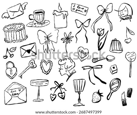 coquette style hand drawn vector illustration set romantic feminine objects black on white background