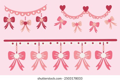 Coquette style ribbon banners and buntings illustration set. Decorative borders and frames with ribbons, laces, and pearls. Hand drawn vector illustrations.