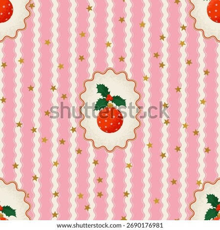 Coquette Style Seamless Christmas Pattern with Ornaments in Frames on a Striped Background. Cute Vector Illustration