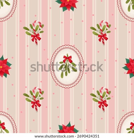 Coquette Style Seamless Christmas Pattern with Mistletoe Bouquet in a Frame on Striped Background. Vector Illustration