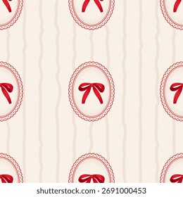 Coquette Style Seamless Pattern with Bow in a Frame on Striped Background. Vector Illustration