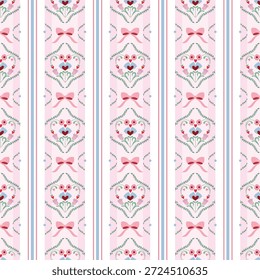 Patrón sin fisuras de estilo Coquette, Fondo de pantalla de rayas de Vertical vintage, fondo elegante victoriano para el día de San Valentín