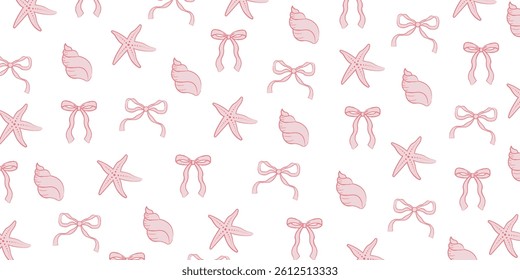 Coquette summer seamless pattern with pink bows, shells, and starfish for backgrounds, presentations, wrapping papers, prints, artworks. Vector illustration