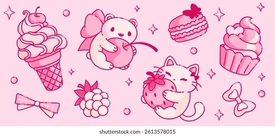 Coquette sweets and animal mascots on pink background. Vector cartoon illustration of vintage doodle ice cream, muffin cake, kawaii style bear and cat characters hugging berries, romantic y2k symbols