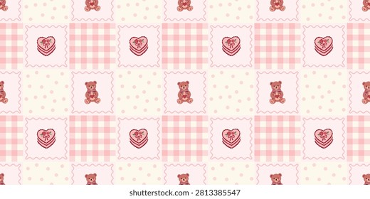 Coquette Teddy Bear, Cake, and Bow Seamless Pattern. Cute Ribbon Vintage Girly Aesthetic Background. Perfect for Fabric, Wrapping Paper, Wallpaper, Decor