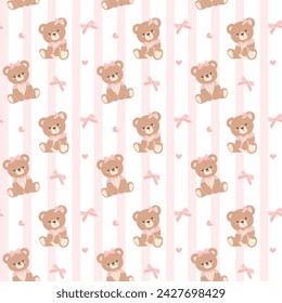 Coquette Teddy Bear with Pink Ribbon Bow Pattern. Seamless Isolated on white Background.