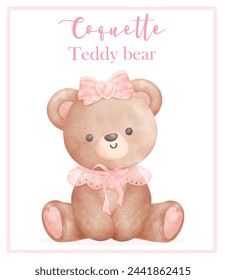 Coquette Teddy Bear with ribbon bow Trendy Retro Vintage Watercolor Illustration