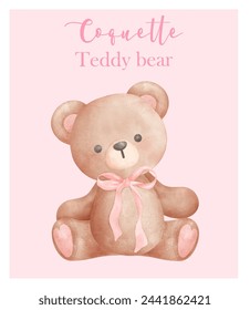 Coquette Teddy Bear Trendy Retro Vintage Watercolor Illustration