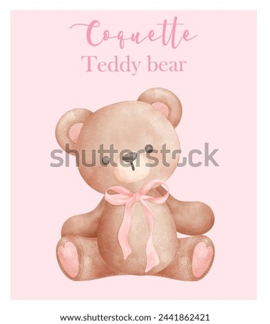 Coquette Teddy Bear Trendy Retro Vintage Watercolor Illustration