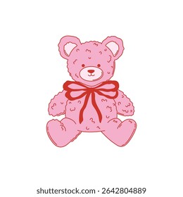Coquette teddy bear with vintage red bow. Valentine's day or birthday party decoration. Aesthetic girly accessory. Vector illustration for card, poster, invitation, printing on t-shirt etc.