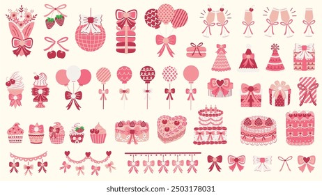 Coquette themed birthday party illustration set. Vintage cakes, cupcakes, cherries, strawberries, gift boxes, party hats, ribbons, balloons, banners and more. Hand drawn vector illustrations.