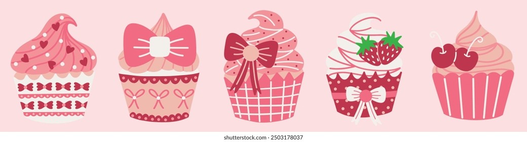 Coquette themed cupcakes illustration set. Vintage style cupcakes decorated with ribbons, cherries, and strawberries. Hand drawn vector illustrations.