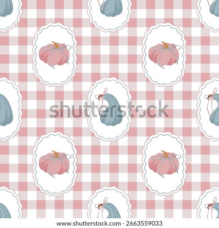 Coquette Trellis Autumn Seamless Pattern with Cute Pumpkins on Gingham Background. Vintage Rustic Design. Cute Vector illustration