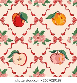 coquette trellis bow, apples seamless pattern. Coquette core preppy bows texture for tablecloth