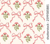 Coquette trellis floral seamless pattern with bows and ribbons. Preppy floral bouquet background. Vintage design for fabric, wallpaper or wrapping paper. Vector botanical elegant trendy print