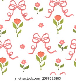Coquette trellis floral seamless pattern with bows and ribbons. Preppy floral bouquet background. Vintage design for fabric, wallpaper or wrapping paper. Vector botanical elegant trendy print