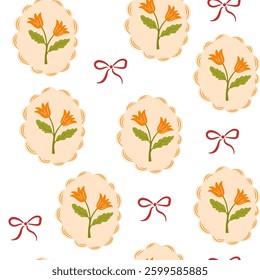 Coquette trellis floral seamless pattern with bows and ribbons. Preppy floral bouquet background. Vintage design for fabric, wallpaper or wrapping paper. Vector botanical elegant trendy print