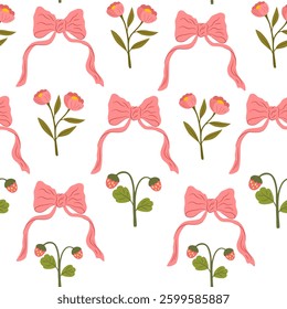 Coquette trellis floral seamless pattern with bows and ribbons. Preppy floral bouquet background. Vintage design for fabric, wallpaper or wrapping paper. Vector botanical elegant trendy print
