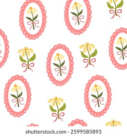 Coquette trellis floral seamless pattern with bows and ribbons. Preppy floral bouquet background. Vintage design for fabric, wallpaper or wrapping paper. Vector botanical elegant trendy print

