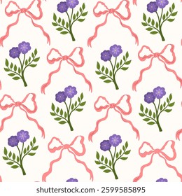 Coquette trellis floral seamless pattern with bows and ribbons. Preppy floral bouquet background. Vintage design for fabric, wallpaper or wrapping paper. Vector botanical elegant trendy print