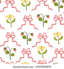 Coquette trellis floral seamless pattern with bows and ribbons. Preppy floral bouquet background. Vintage design for fabric, wallpaper or wrapping paper. Vector botanical elegant trendy print