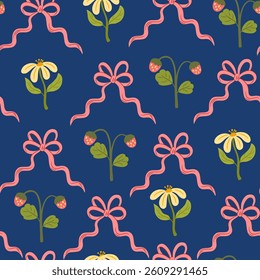 Coquette trellis floral seamless pattern with bows and ribbons. Preppy floral bouquet background. Vector botanical elegant trendy print. Vintage design for fabric, wallpaper or wrapping paper. 