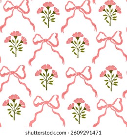 Coquette trellis floral seamless pattern with bows and ribbons. Preppy floral bouquet background. Vector botanical elegant trendy print. Vintage design for fabric, wallpaper or wrapping paper. 