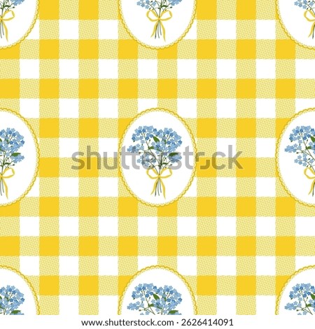 Coquette trellis floral seamless pattern on a checkered background.  Vintage Rustic Design for fabric, wallpaper, wrapping paper, or clothes. Hand-drawn Myosotis bouquet vector illustration