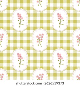 Coquette trellis myosotis floral seamless pattern on a checkered background. Vintage Rustic Design for fabric, wallpaper, wrapping paper, or clothes. Vector illustration