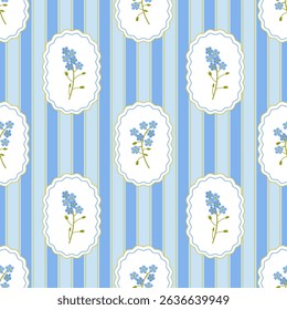 Coquette trellis myosotis in frames, floral seamless pattern on striped background. Cute Vector Illustration
