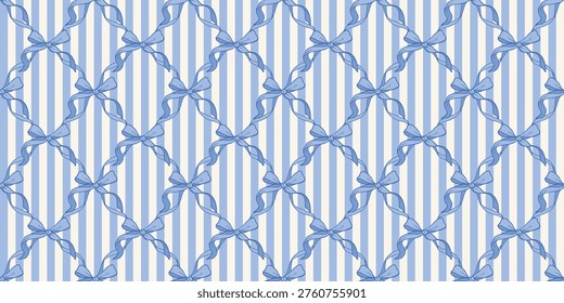 Coquette trellis seamless pattern with bow and ribbons. Pastel blue striped background. Cute repeat print for gift wrapping paper, fabric and textile. Elegance design. Vector illustration