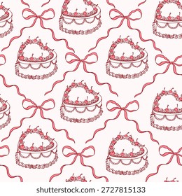 Coquette treliça padrão sem costura com arcos e bolos. Impressa de vintage fantástico. Fundo de menina para o dia dos namorados, casamento, aniversário, papel de embrulho. Vetor elegante impressão na moda