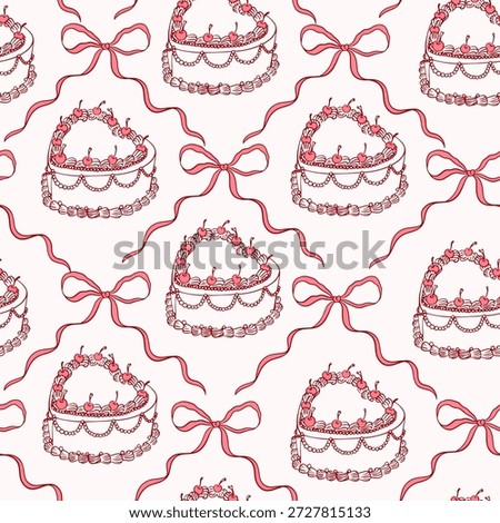 Coquette trellis seamless pattern with bows and cakes. Whimsical vintage print. Girly background for Valentine's day, wedding, birthday, wrapping paper. Vector elegant trendy print