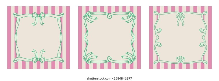 Coquette trendy Frame, Hand Drawn ribbon Borders for Wedding Invitation, Whimsical striped frames for birthday card, Squiggly and Wavy Borders. Minimalist Quirky vector line art