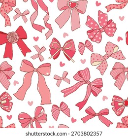 Coquette Valentine Bows Seamless Pattern, Girly Pink and Red Digital Paper,Trendy Ribbon Bows Fabric Design Vector