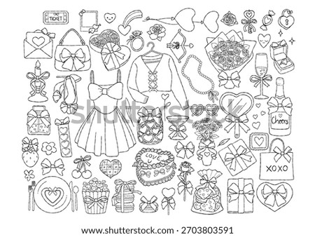 Coquette Valentine Collection Outline Vector, Hand Drawn Date Night Valentine Line Art Doodle, Trendy Preppy Girly Valentine Coloring Page Hand Drawn Design