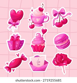 Conjunto de Elementos Coquette Valentine. Caja de regalo, taza, corazón, dulces, rosa, mensaje romántico, macarrón, cereza. Ilustración vectorial de dibujos animados para pegatinas, tarjetas de felicitación.